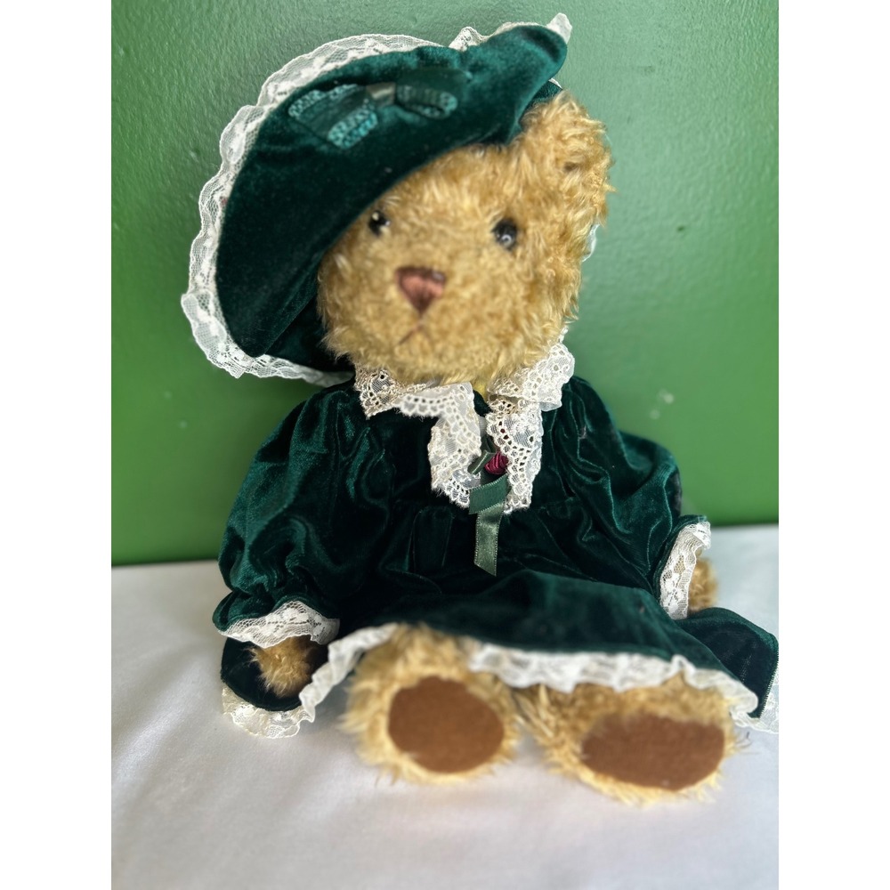 Fine Toy Bernadette Teddy Bear Green Velvet Victorian Dress Lace Bonnet Plush